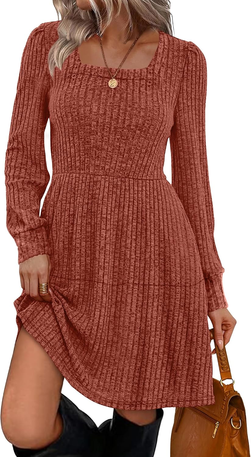 Sampeel Womens Square Neck Long Sleeve Fall Dresses Casual Babydoll Sweater Dress.