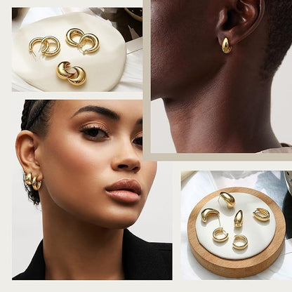 Gold Hoops Earrings for Women - 925 Sterling Silver Post, 14K Gold Plated Small Chunky Hypoallergenic Hoop Earrings, Thick Lightweight Huggie Earrings Jewelry
