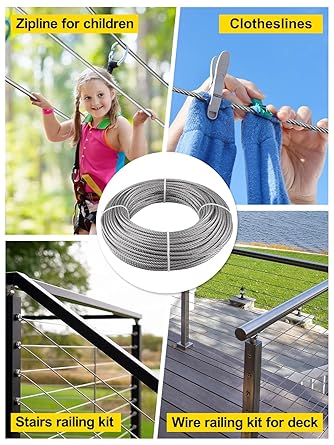 TooTaci 3/16 Wire Rope Cable, 100ft T316 Stainless Steel Cable 3/16 inch, Braided Steel Cable 7Ã—19 Strands, Marine Grade Aircraft Cable 3/16 for Cable Railing, Wire Railing for Deck,Porch Railing
