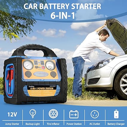 6-in-1 1800Amp Jump Starter with Air Compressor, 12V Car Battery Jumper 260PSI Tire Inflator, Portable Power Station 110V 400W Power Inverter USB DC AC Outlet, Auto Battery Booster Cables
