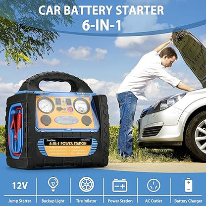 6-in-1 1800Amp Jump Starter with Air Compressor, 12V Car Battery Jumper 260PSI Tire Inflator, Portable Power Station 110V 400W Power Inverter USB DC AC Outlet, Auto Battery Booster Cables
