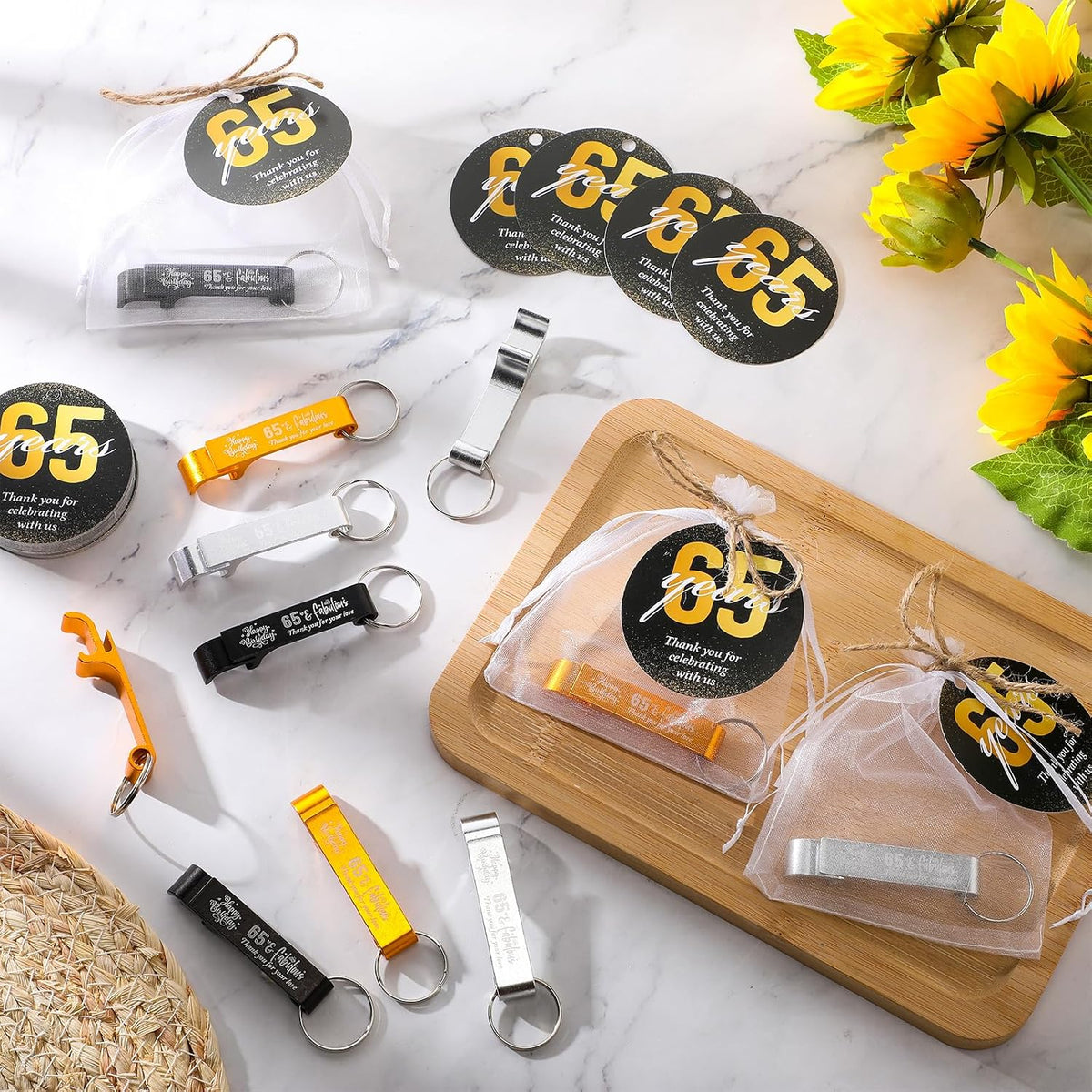 54 Sets 65th Birthday Party Favors for Guests Birthday Beer Opener Keychain Cheers to 65 Bottle Opener Keychain with Thank You Cards and Gift Bags for Anniversary Wedding Party Favors