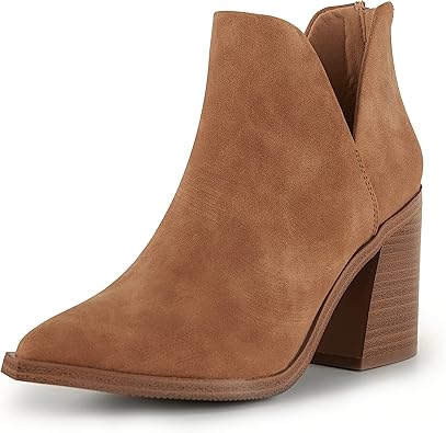 Kathemoi Womens Slip on Ankle Boots V Cutout Pointed Toe Chunky Stacked Mid Heel Booties