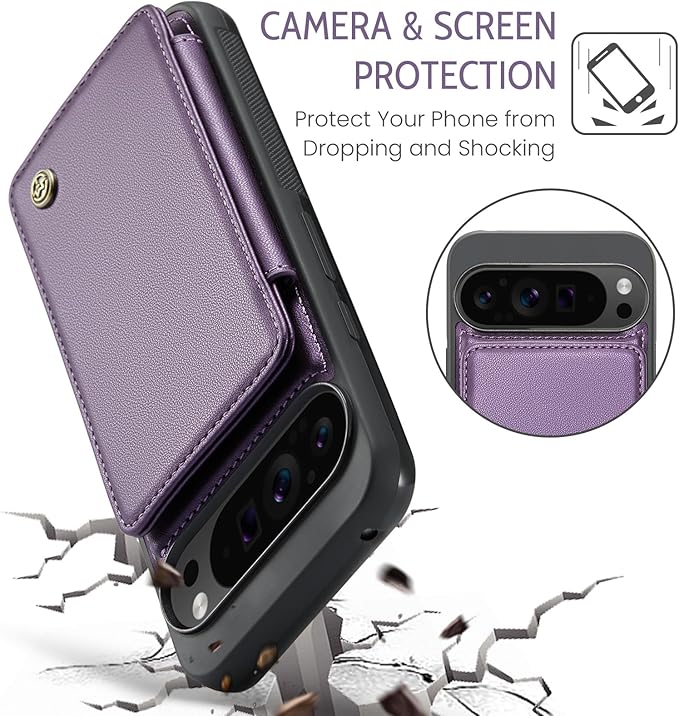 Compatible with Google Pixel 9 Pro XL 5G 6.8" Wallet Case with Card Holder RFID Blocking for Women Men, Double Magnetic Clasp Kickstand Shockproof Phone Case for Pixel 9 Pro XL, Purple