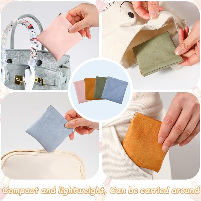 4 Pack Squeeze Coin purse, 3.5x3.1 inch PU Leather Mini Change Pouch for Coins, Jewelry, Earphones. Unisex Travel Coin purse for Men and Women