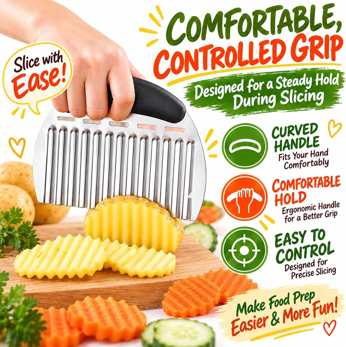 JAYVAR Large Crinkle Cutter French Fry Cutter, Large Crinkle Potato Slicer Wavy Chopper, Stainless Steel Wavy Slicer Crinkle Cutting Chopping Tools with Handle for Carrot Vegetable