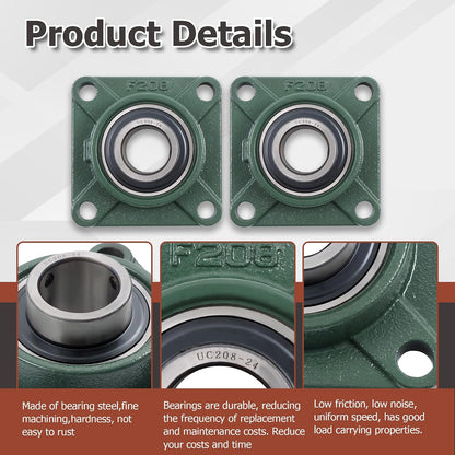 2Pcs UCF208-24 Pillow Block Bearings 1-1/2 Inch Bore Square Flange Mounted Pillow Block Bearing 4 Bolt, Self Alignment