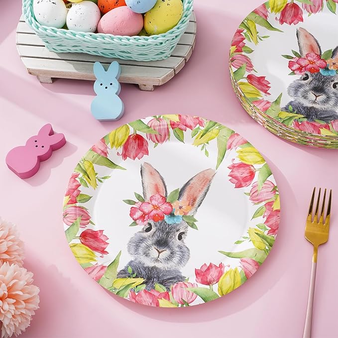 AnyDesign Easter Paper Plates Disposable Tulip Bunny Plates 9 Inch Flower Rabbit Tableware Dessert Plates for Spring Holiday Party Table Decor Supplies, 24Pcs