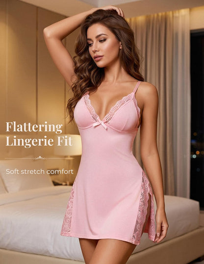 Girece Lingerie for Women Sexy Nightgown Lace Trim Sleep Dress with Side Slit Night Gowns Soft Loungewear Sleepwear.