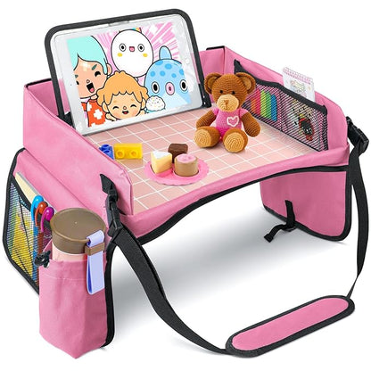 BUENAVO New Version Car Seat Organizer Kids Travel Tray for Kids Toddlers Activities in Car Seat, Stroller, Airplane  Waterproof Dry Erase Top  Side Pocket  Water Bottle Holder