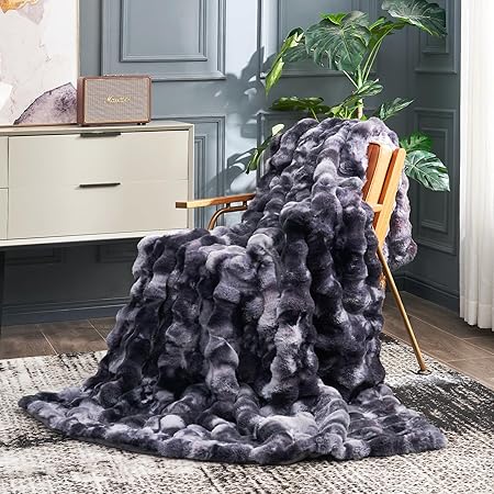 Cozy Bliss Faux Fur Throw Blanket for Couch, Fuzzy Soft Plush Thick Bubble Blanket for Sofa Bedroom Living Room, 60  80 Inches Tie Dye Black