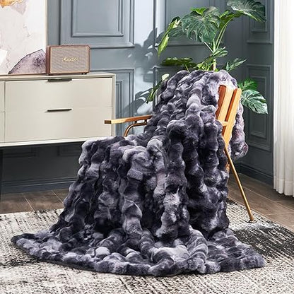 Cozy Bliss Faux Fur Throw Blanket for Couch, Fuzzy Soft Plush Thick Bubble Blanket for Sofa Bedroom Living Room, 60  80 Inches Tie Dye Black