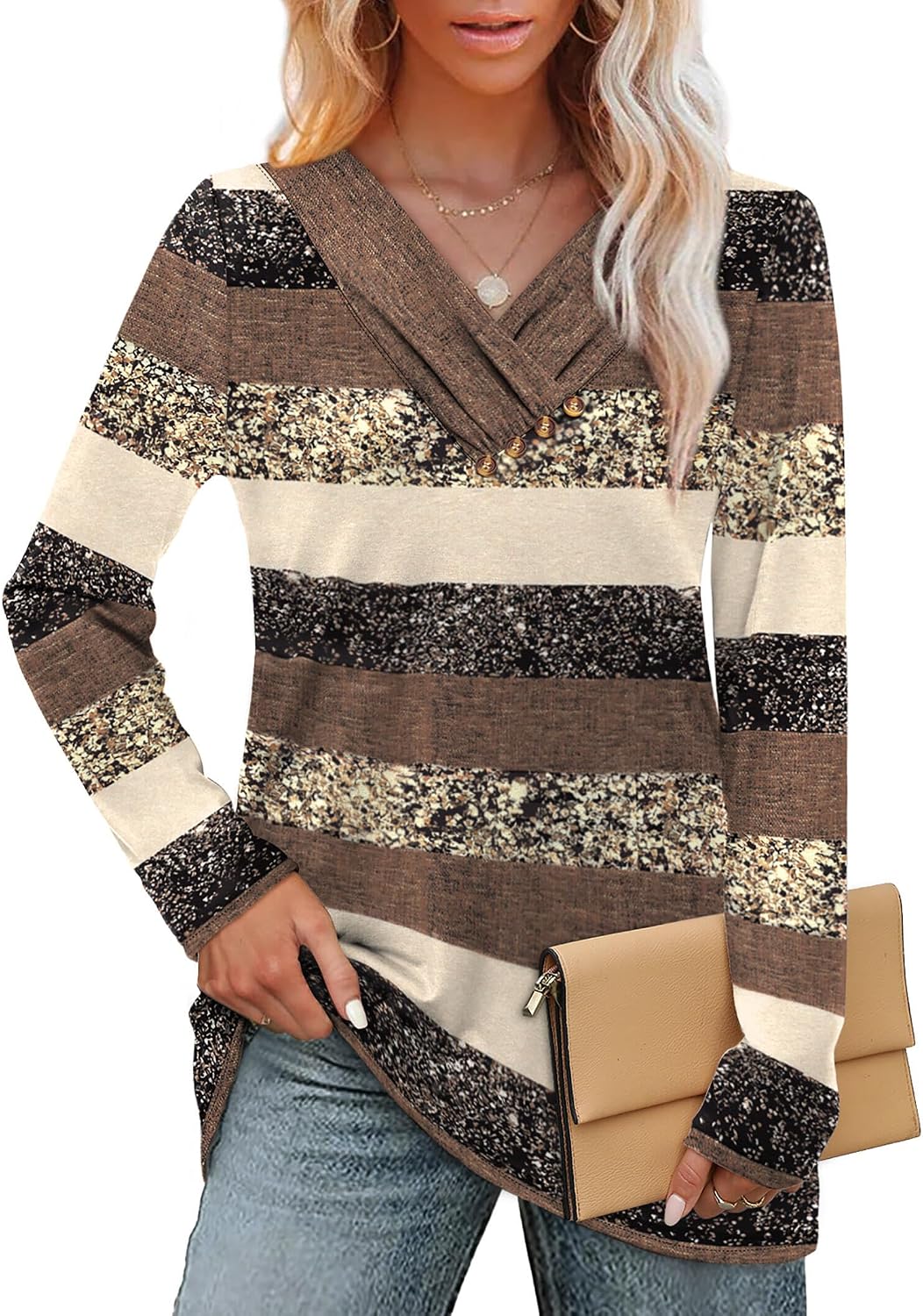 Long Sleeve Shirts for Women Fall Outfits V Neck T Shirts Button Down Tunic Tops Fashion Clothing