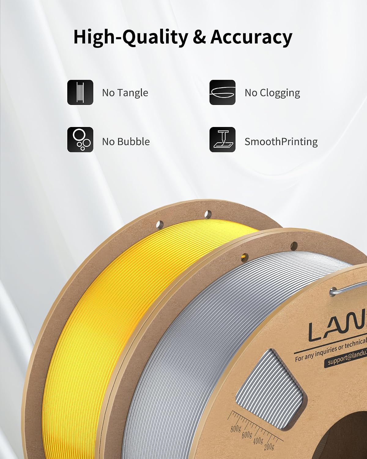 LANDU Silk PLA Filament 1.75mm Silver 1KG, 3D Printer Filament Dimensional Accuracy +/- 0.02mm, 1kg Cardboard Spool(2.2lbs), Neatly Wound 3D Printing Filament Fits for Most FFF 3D Printers, Silver