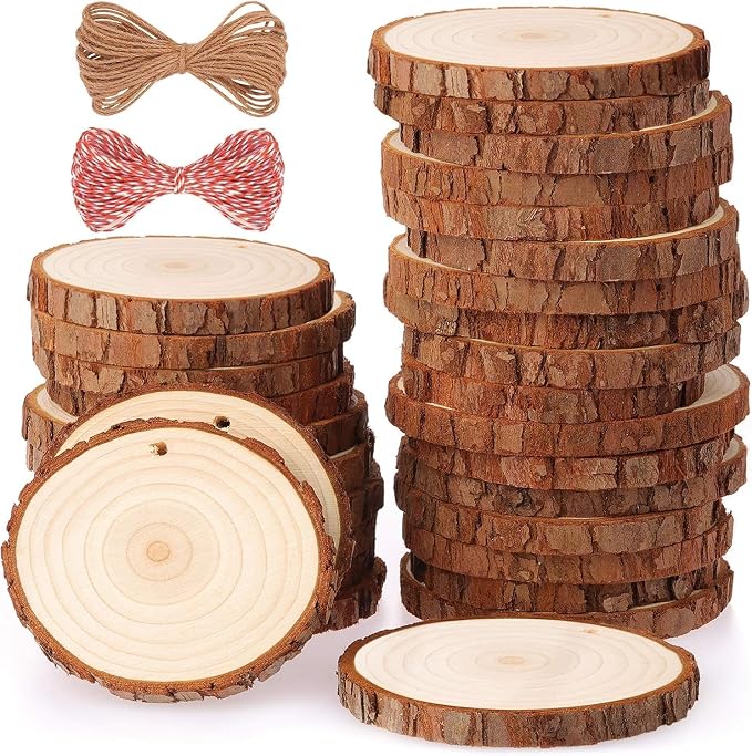 Fuyit Unfinished Wood Slices with Hole, Drilled Wooden Circle for Crafts 30pcs 2.4-2.8 inch Slices, Natural Original Barks, Christmas Ornaments, Hanging Home Decor, DIY Painting & Lettering Projects