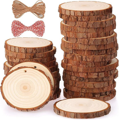 Fuyit Unfinished Wood Slices with Hole, Drilled Wooden Circle for Crafts 30pcs 2.4-2.8 inch Slices, Natural Original Barks, Christmas Ornaments, Hanging Home Decor, DIY Painting & Lettering Projects