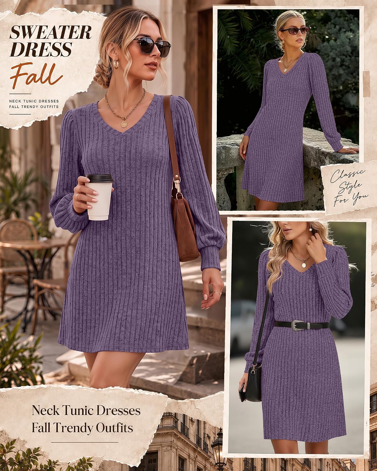 Ficerd Women's Knit Long Sleeve Sweater Dress Casual V Neck Tunic Dresses Fall Trendy Outfits