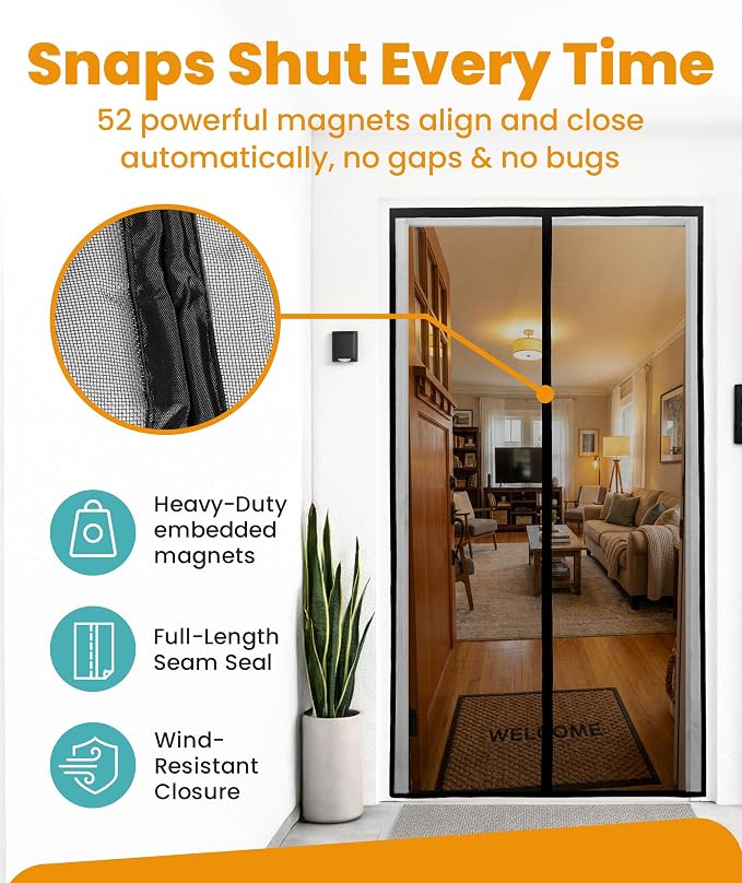 Flux Phenom Magnetic Screen Door - Bugs Out, Breeze in - 9min Install Auto-Sealing Heavy Duty Double Stitched Mesh, 52 Magnets, Hands Free Sliding & Patio Doors Net, Pet & Kid Friendly, 38 x 82 Inch