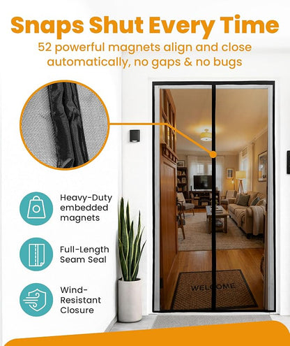 Flux Phenom Magnetic Screen Door - Bugs Out, Breeze in - 9min Install Auto-Sealing Heavy Duty Double Stitched Mesh, 52 Magnets, Hands Free Sliding & Patio Doors Net, Pet & Kid Friendly, 38 x 82 Inch