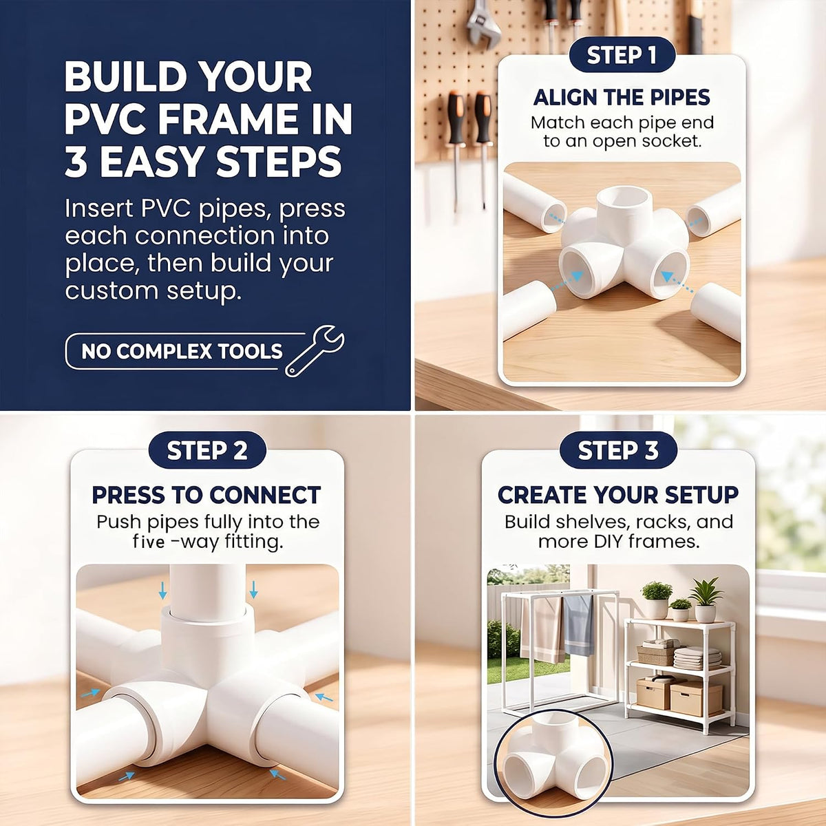 6Pack 1-1/2”PVC Fittings 5-Way Side Outlet Elbow Fitting for Furniture 5 Way PVC Pipe Fitting SCH40 Grade Side Outlet Tees 90 Degree Corner Elbow Fittings for Greenhouse Frame Tent Connections