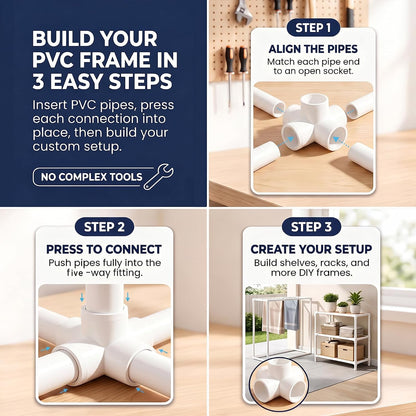 6Pack 1-1/2”PVC Fittings 5-Way Side Outlet Elbow Fitting for Furniture 5 Way PVC Pipe Fitting SCH40 Grade Side Outlet Tees 90 Degree Corner Elbow Fittings for Greenhouse Frame Tent Connections
