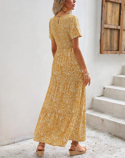 Maggeer Womens 2026 Summer Spring Smocked Wedding Guest Maxi Dress Casual Short Sleeve Floral Boho Flowy Long Dress