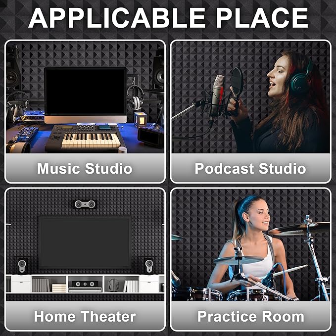 Foneso Acoustic Foam Panels 12'' x 12'' x 2'', Sound Insulation Wall, Black Acoustic Foam Mats for Sound Studio, Podcast Recording, TV Room, Playrooms and Offices