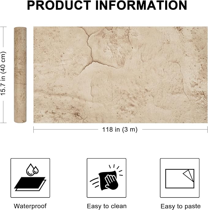 WADILE Beige Concrete Wallpaper 15.7 in  118 in, Cement Contact Paper 3D Matte Textured, Wall Paper Pull and Stick Self-Adhesive  Removable