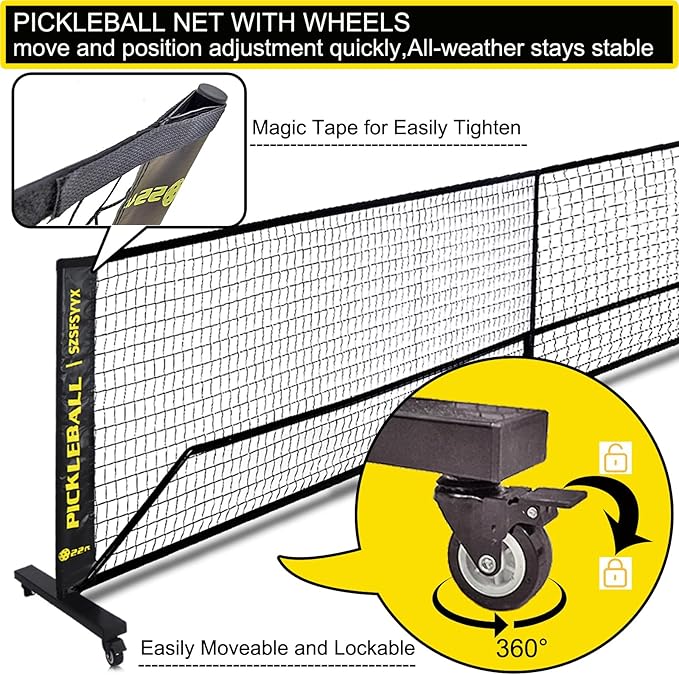 Movable Deluxe Heavy Duty Pickleball Net with Wheels,22 FT Regulation Size Including Carrying Bag,Sturdy Metal stand and upgraded PE Nets, perfectly straight, suitable for Indoor Outdoor