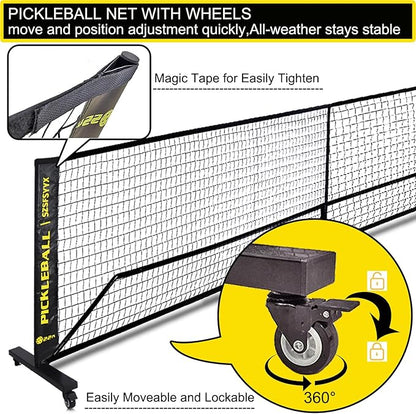 Movable Deluxe Heavy Duty Pickleball Net with Wheels,22 FT Regulation Size Including Carrying Bag,Sturdy Metal stand and upgraded PE Nets, perfectly straight, suitable for Indoor Outdoor