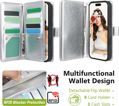 Varikke for iPhone 16 Pro Max Wallet Case Detachable with Card Holder for Women, Fashion Glitter PU Leather Strap Magnetic Flip Wallet Removable Phone Case Cover for iPhone 16 Pro Max 6.9", Silver