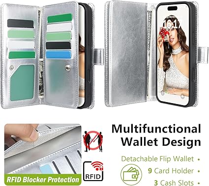 Varikke for iPhone 16 Pro Max Wallet Case Detachable with Card Holder for Women, Fashion Glitter PU Leather Strap Magnetic Flip Wallet Removable Phone Case Cover for iPhone 16 Pro Max 6.9", Silver