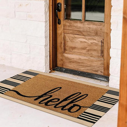 Striped Outdoor Front Door Mat 24"x51", Cotton Hand Woven Washable Black and Khaki Rug Runner, Reversible Foldable Indoor Layered Front Door Rugs for EntrywayFarmhouseHome Entrance