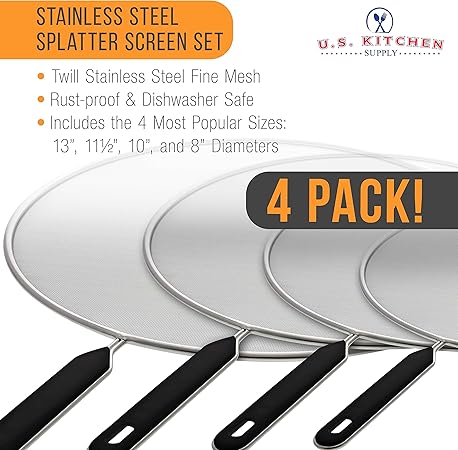 U.S. Kitchen Supply Set of 4 Classic Splatter Screens, 13", 11.5", 10", and 8" - Stainless Steel Fine Mesh, Comfort Grip Handles - Use on Boiling Pots Frying Pans - Grease Oil Guard, Safe Cooking Lid