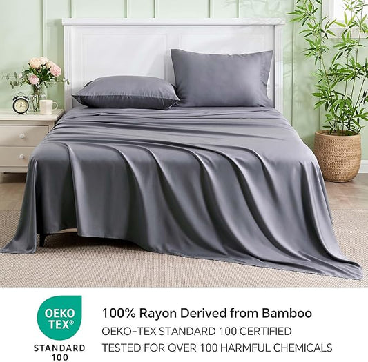 INFIIXSO Full Sheet Set Grey - 100 Rayon Derived from Bamboo, 4 Pieces Cooling Sheets Set, Deep Pocket up to 16", Soft Silky Luxury Bedding Sheets  Pillowcases