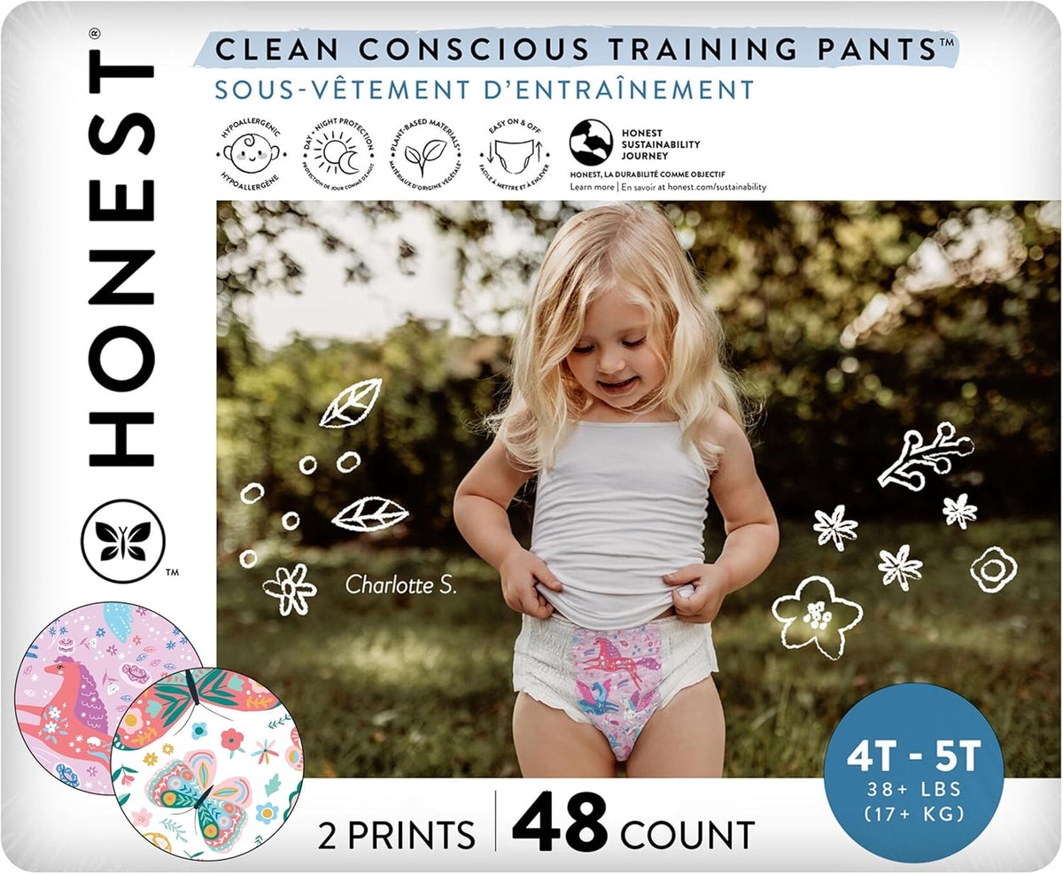 The Honest Company Clean Conscious Training Pants for Sensitive Skin, Hypoallergenic, Fragrance-Free, Magical Moments Butterfly Kisses, Size 4T/5T (38 lbs), 32 Count