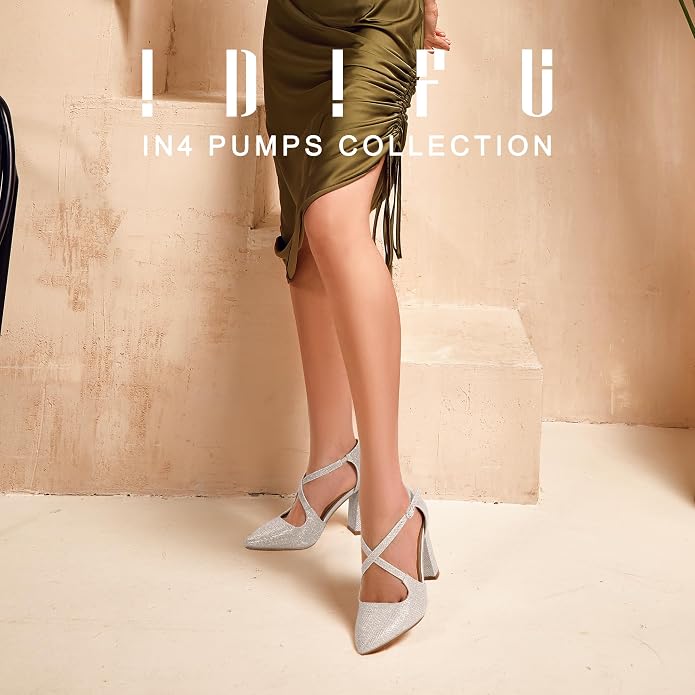 IDIFU Women's IN4 Chunky High Heels Pumps Closed Toe Block Strappy Heels | Prom Wedding Party Office Work Formal Pointed Toe Dress Shoes for Women