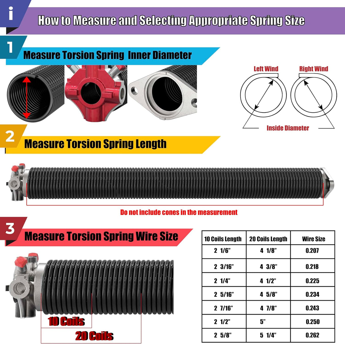 283 x 42 Right Hand Wound Garage Door Torsion Spring with Non-Slip Winding Bars, 0.283 X 2'' X 42'', Right-Wound for Left Side, Red Winding Cone, Single Pack