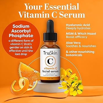 TruSkin Vitamin C Serum For Face  Anti Aging Formula with Vitamin C, Hyaluronic Acid, Vitamin E  Brightening Serum  Improve Appearance of Dark Spots, Tone, Fine Lines  Wrinkles, 1 Fl Oz