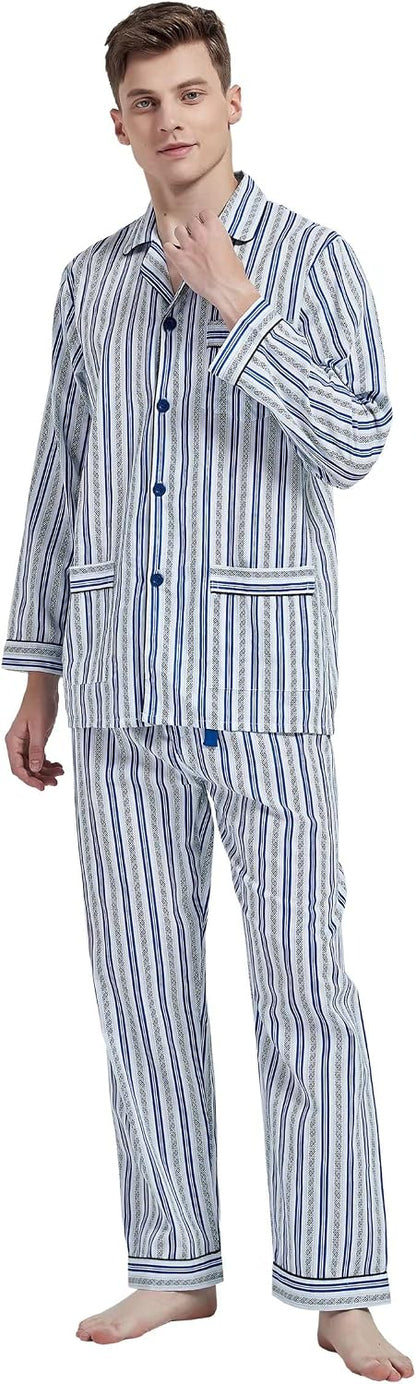 amaxer Mens 100% Cotton Pajamas Set Long Sleeve Pjs Button Fly Pants Soft Elastic Drawstring Waistband Bottoms