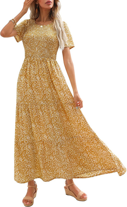 Maggeer Womens 2026 Summer Spring Smocked Wedding Guest Maxi Dress Casual Short Sleeve Floral Boho Flowy Long Dress