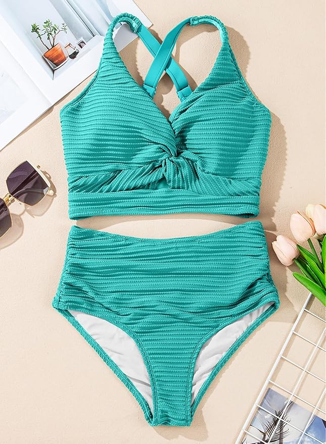 Herseas Women's Textured Bikini Sets Twist Front Top Swimsuits High Waisted Bathing Suits
