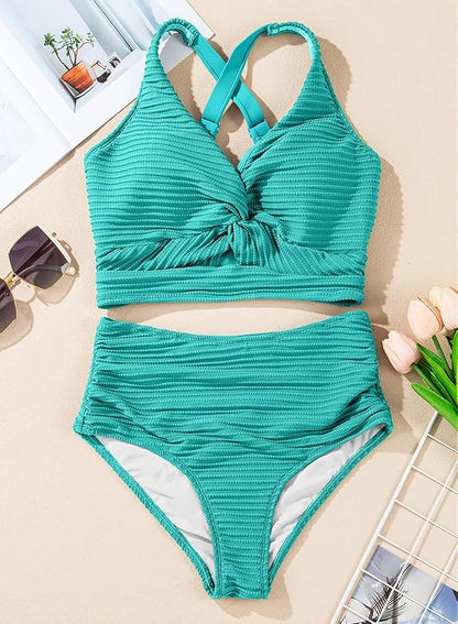 Herseas Women's Textured Bikini Sets Twist Front Top Swimsuits High Waisted Bathing Suits
