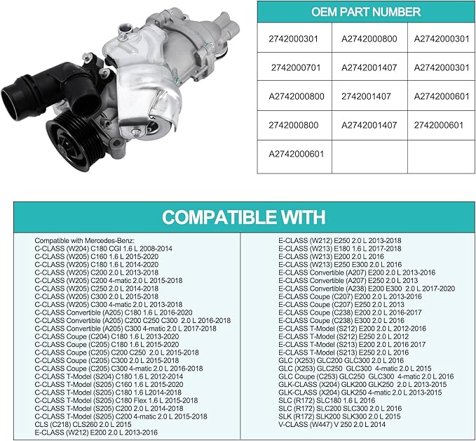 2742000301 Water Pump (4Cyl 2.0L) For Mercedes-Benz E-class W205 C250 C300,E-class W213 E200 E250 E300 GLK200 2742000800 2742001407 2742000601 Mechanical Water Pump, not Electronic Water Pump
