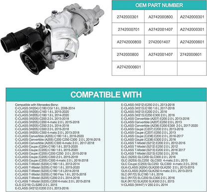2742000301 Water Pump (4Cyl 2.0L) For Mercedes-Benz E-class W205 C250 C300,E-class W213 E200 E250 E300 GLK200 2742000800 2742001407 2742000601 Mechanical Water Pump, not Electronic Water Pump