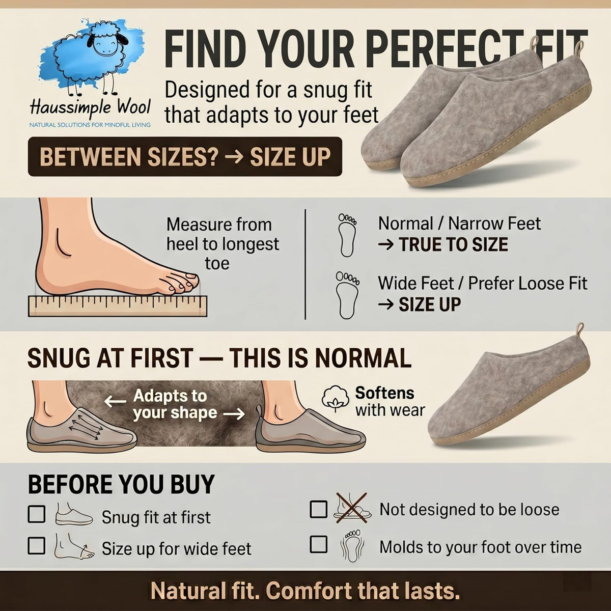 HAUSSIMPLE Wool Slippers, Felted Closed Back House Shoes with Leather Sole | Warm, Breathable, Handmade, Natural Fiber, Indoor Use, Women's & Men's Sizing, Soft Feel, Cold Floor Protection, Cozy Comfort
