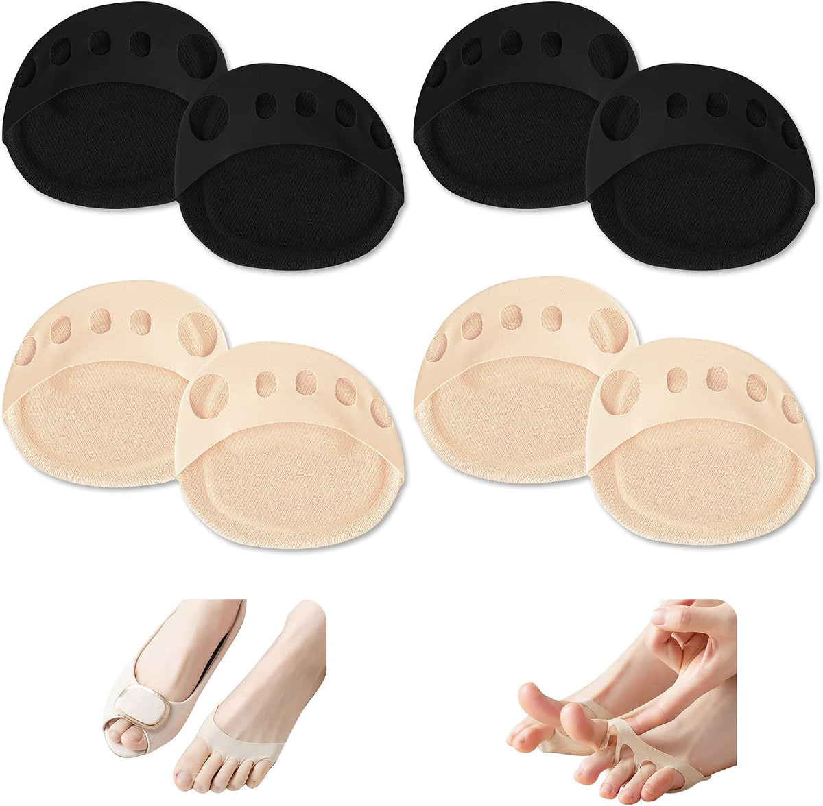 4 Pairs Ball of Foot Cushions for Women Men Shoes - Reusable Metatarsal Pads for Pain Relief - Invisible Honeycomb Fabric Forefoot Cushions - Soft Toe Pads