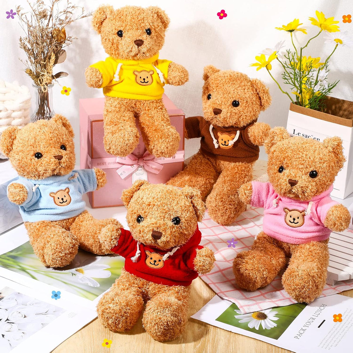 HyDren 4 Pcs Bears Stuffed Animal Soft Plush Toys Valentine 12 Inches Cute Small Shaggy Bear with Hoodie Bow Tie for Kids Boys Girls Baby Shower Birthday Party (Bow Tie Style,Light Brown)