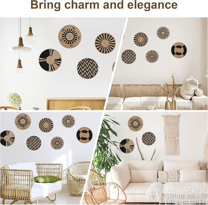 7 Pack Boho Wall Basket Decor, Hanging Woven Basket Wall Decor, Handmade Seagrass Rattan Wicker Wall Decoration, Round Rustic Bohemian Flat Seagrass Baskets for Home Living Room