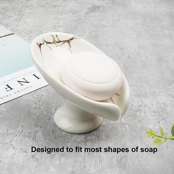 Self-Draining Soap Dish White Ceramic with Marble Brush Gold Soap Holder Waterfall Soap Dish Soap Savers for Bar Soap, for Bathroom, for Shower, for Bar Counter.